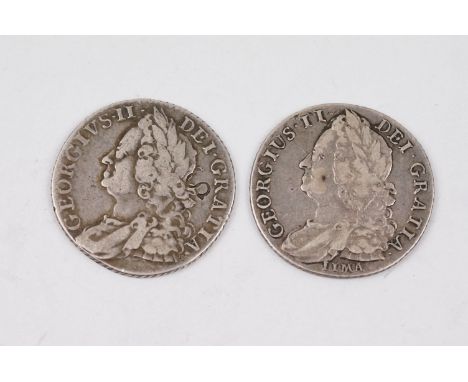 Two British King George II silver shilling coins to include 1758 and a 1745 LIMA example. 