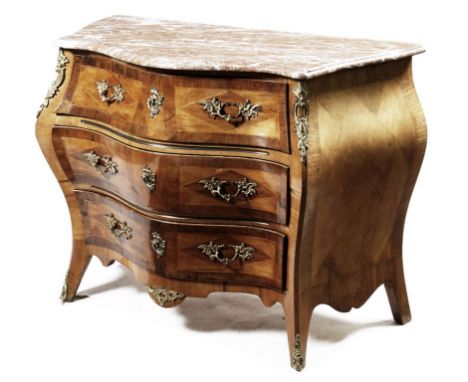 λ A Swedish kingwood bombe serpentine commode, with gilt brass mounts, parquetry lattice panels and rosewood banding, the rou