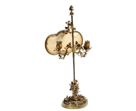 A Louis XVI style ormolu bouillote lamp, with twin lights, on an adjustable stem, with an adjustable screen, decorated with l