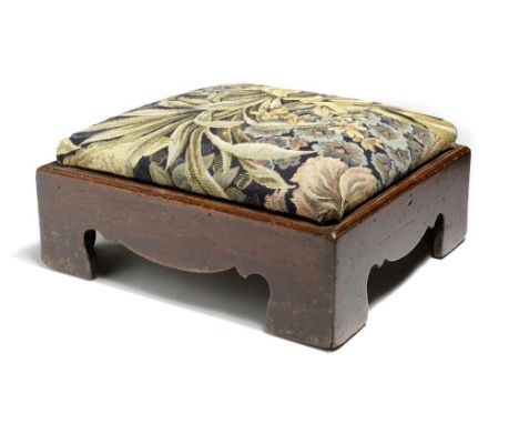 A mahogany stool, with a tapestry style seat on bracket feet, 31.7cm wide, 29cm deep. Provenance: Cypress House, Chilton Cant