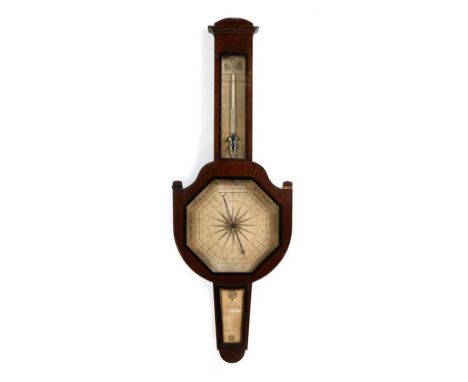 An early 19th century Dutch mahogany wall barometer, with ebonised banding and printed paper dials with a thermometer titled 