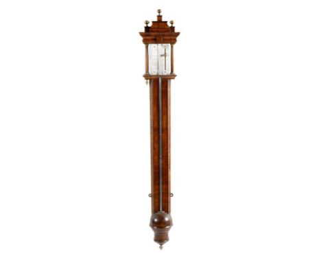 An early 18th century walnut stick barometer in the manner of John Patrick, the architectural top with three turned brass fin