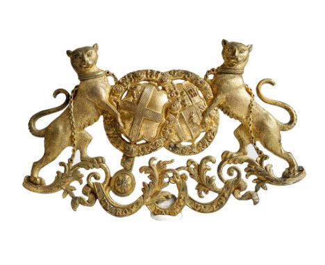 A pair of Victorian Irish gilt brass armorial carriage appliques, with the arms of Burke and Canning accollee, each decorated