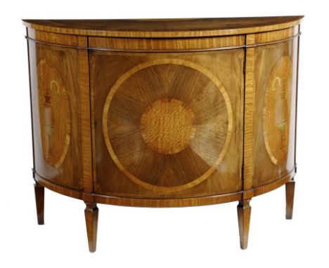 λ A George III style mahogany and satinwood demi-lune commode, with rosewood banding and inlaid with marquetry urns, and a fa