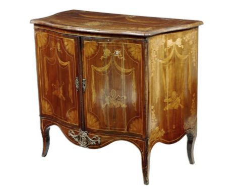 A Dutch mahogany and marquetry serpentine commode, inlaid with ribbon tied swags with an urn of flowers and musical trophies,