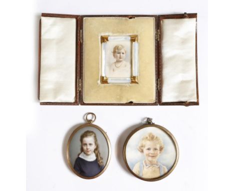 λ A late 19th century porcelain oval portrait miniature of a girl, together with a portrait miniature on ivory of a girl, sig