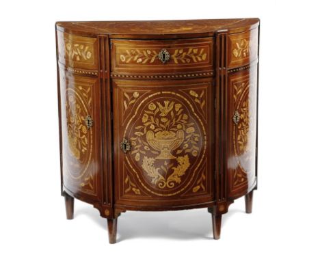 A 19th century Dutch mahogany and marquetry demi-lune commode, inlaid with urns of flowers, leaves and birds, with a central 