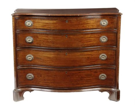 A George III mahogany serpentine chest, the top with a moulded edge, above four long crossbanded graduated drawers, the cante
