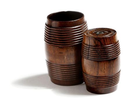 λ Treen. An early Victorian turned rosewood travelling barrel inkwell and sander, each with reeded bands, the upper barrel in