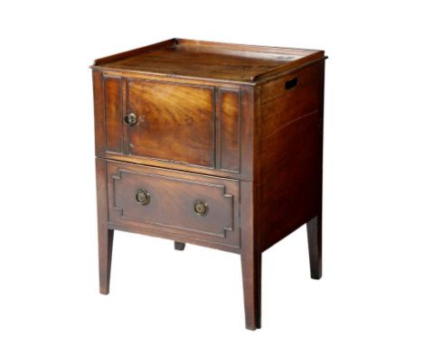 A George III mahogany tray-top bedside commode, the sides pierced with handgrips, the front with outline mouldings and with a