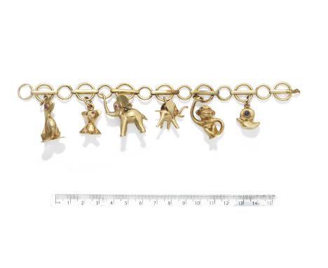 A GOLD CHARM BRACELET, BY  HANS GEORG MAUTNER,  1959The fancy-link bracelet suspending six charms including two elephants, a 