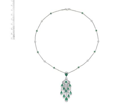 AN EMERALD AND DIAMOND 'CHANDELIER' PENDANT NECKLACE, BY GRAFFSet throughout with brilliant-cut diamonds, pear-shaped and cir