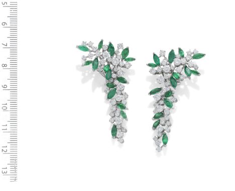 A PAIR OF EMERALD AND DIAMOND PENDENT EARCLIPS, BY GÜBELIN,  CIRCA 1965Each cluster of marquise-cut emeralds and brilliant-cu