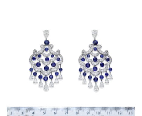 A PAIR OF SAPPHIRE AND DIAMOND 'CHANDELIER' EARRINGS, BY GRAFFEach of openwork design, set throughout with circular-cut sapph