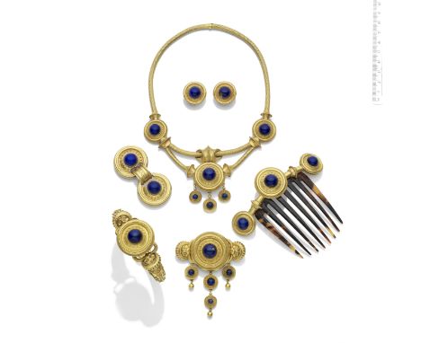 A GOLD AND LAPIS LAZULI PARURE, CIRCA 1865In the Archaeological Revival style, the necklace set to the front with lapis lazul