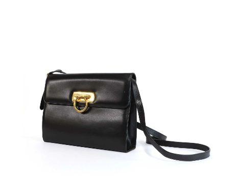 A Salvatore Ferragamo black leather shoulder bag,gold tone hardware, single flat shoulder strap, interior with zip pocket, se