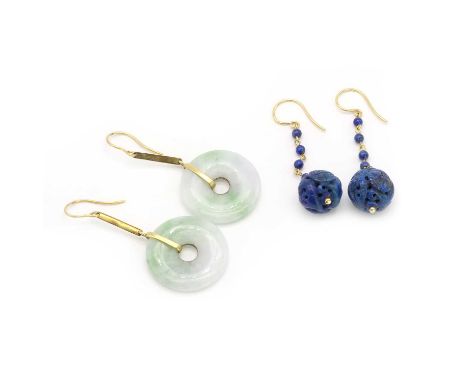 Two pairs of 18ct gold drop earrings,comprising an 18ct gold pair of jade drop earrings, a jade coin, 3mm x 24mm, suspended b