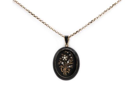 An enamel split pearl memorial necklace,a floral cluster of split pearls grain set to the centre, with gold stem and split pe
