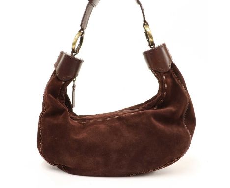 A Chloe chocolate brown hobo bag,with leather stitch detailing and single flat handle, brass tone hardware, zip top closure o