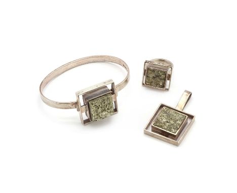 A Finnish modernist silver and pyrite jewellery suite, by Christen Stenberg,the bangle set with a druzy pyrite rub set to squ