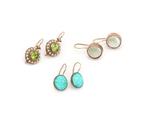 Three pairs of gold earrings,comprising a pair of gold pearl and peridot drop earrings, a pair of gold synthetic opal drop ea