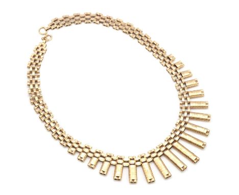 A 9ct gold 'Cleopatra' style fringe necklace,the centrepiece composed of graduated hollow bars, to a two row gate back chain,