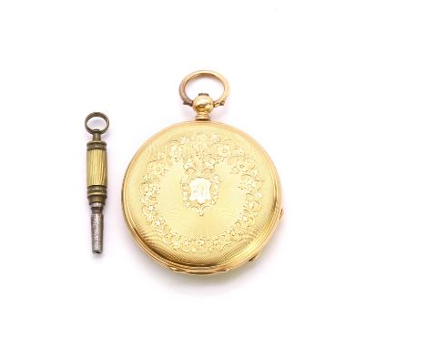 A gold key wind fob watch, 35mm diameter, an engine turned front cover with floral decoration and the initial B in a shield, 