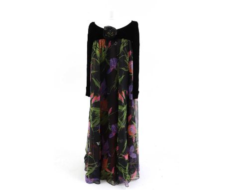 A Jean Varon full length occasion dress,full length velvet sleeve with foldover cuff and button detailing, sequinned flower d