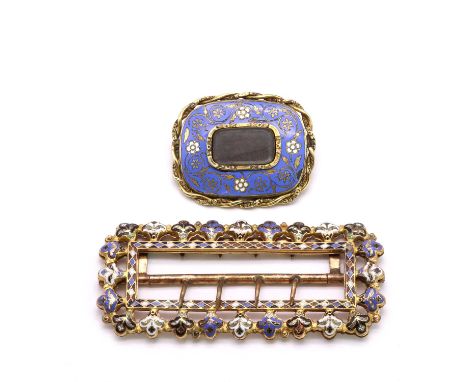 A gilt metal enamel memorial brooch,with hair work glazed panel to the centre of the cushion shape plate, 'forget me not' dec