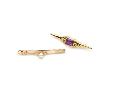 Two bar brooches,to include an amethyst bar brooch, with a step cut amethyst rub set to centre, to pin and roller catch, test