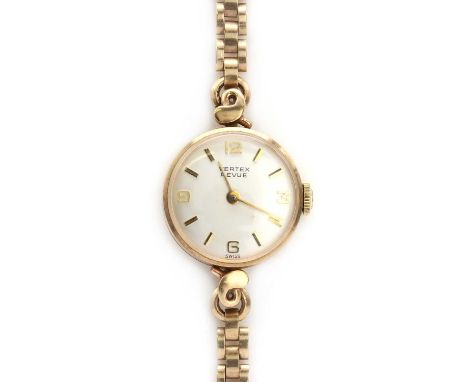 A Ladies' 9ct gold Vertex Revue mechanical bracelet watch,a round case, 18mm in diameter, a silver dial, Arabic numerals and 
