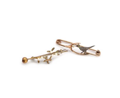Two gold brooches,to include a 15ct seed pearl bar brooch, of mistletoe design, to 'C' catch and pin, Birmingham 1890, and a 