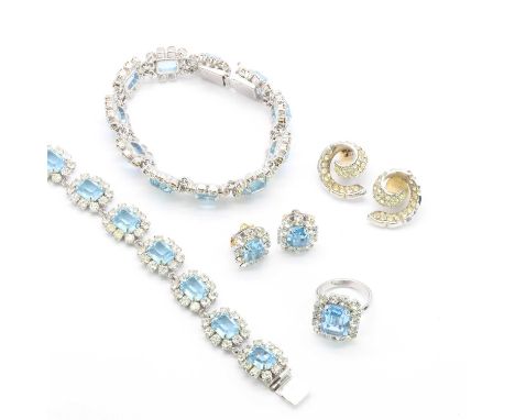 A Christian Dior faux aquamarine paste suite, c.1972,comprising a bracelet with a series of articulated clusters of step cut 