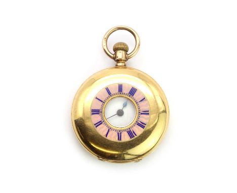 An 18ct gold half hunter pocket watch,35mm in diameter, with a 9ct bow hallmarked 375, a guilloché enamel front cover with bl