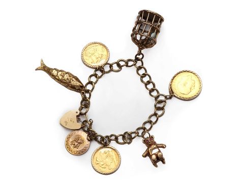 A 9ct gold charm bracelet with sovereign coins,a 9ct gold curb link bracelet, approximately 180mm long, London 1979, with eng