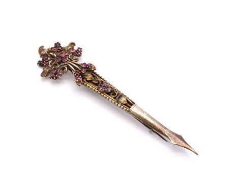 A Sri Lankan silver gilt Kondakoora hairpin brooch,the hair ornament converted to a brooch, set with cabochon rubies, three f