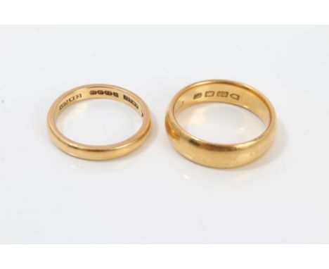 Two gold (22ct) wedding rings CONDITION REPORT Thicker band - ring size M/N.  Thinner band - ring size L½.  Total gross weigh