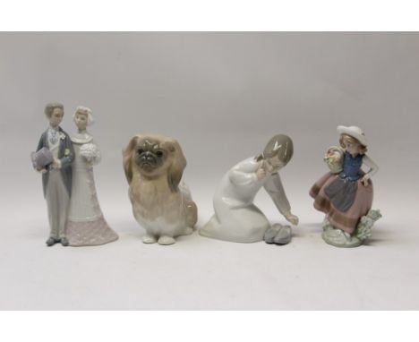 Three Lladro porcelain figures - Bride & Groom, girl with basket of flowers and girl with slippers, plus Lladro dog (4)