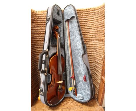 Vintage half-size violin, labelled - Compagnon, together with bow, in fitted lined caseAmendment - images published show 3729