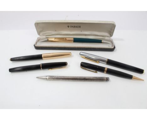 Vintage pens - including two rolled gold Parker fountain pens, another Parker pen, two Waterman's pens, propelling pencil