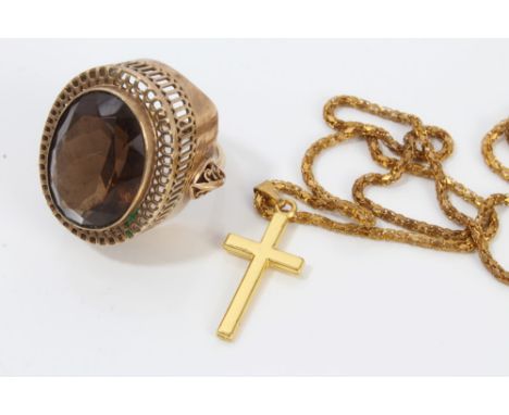 Gold (9ct) large oval smoky quartz ring, together with a gilt metal cross pendant necklace CONDITION REPORT Ring weighs appro