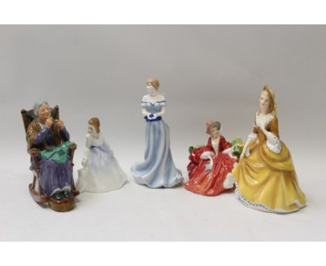 Four Royal Doulton figures - A Stitch In Time HN2352, Lydia HN1908, Sandra HN2275 and Andrea HN3058, plus a Royal Worcester f