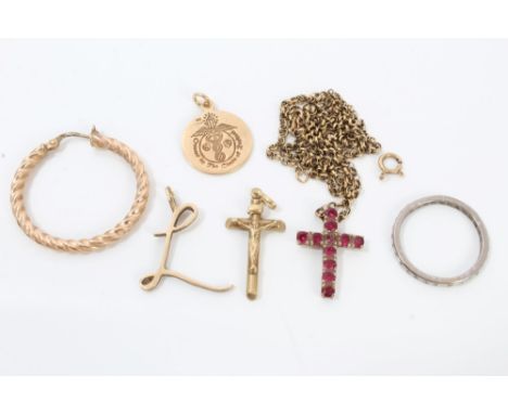 Gold (9ct) chain with cross pendant, two other gold (9ct) pendants, gold (14ct) pendant, one earring and a diamond set ring C