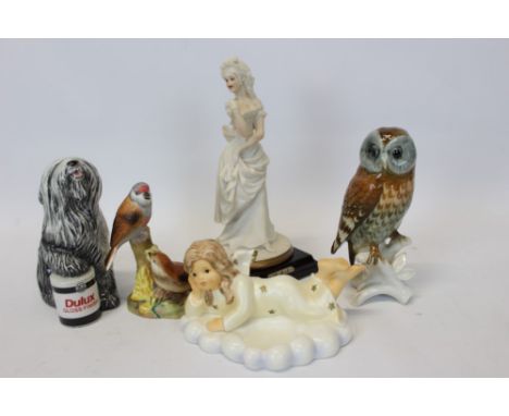 Royal Doulton Dulux dog, Karl Ens owl, Royal Worcester Linnets 3365, Goebel figure and one other figure (5)