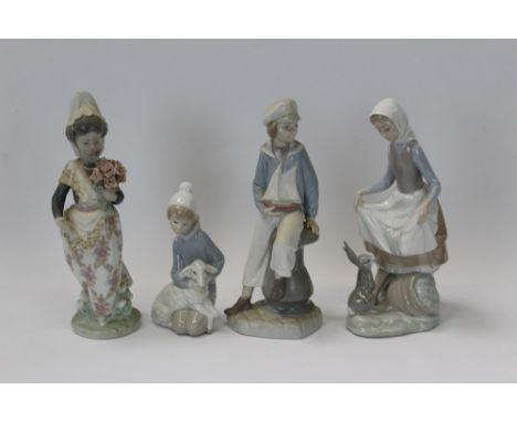Four Lladro porcelain figures - Oriental girl with flowers, boy with boat, lady with rabbit and girl with sheep