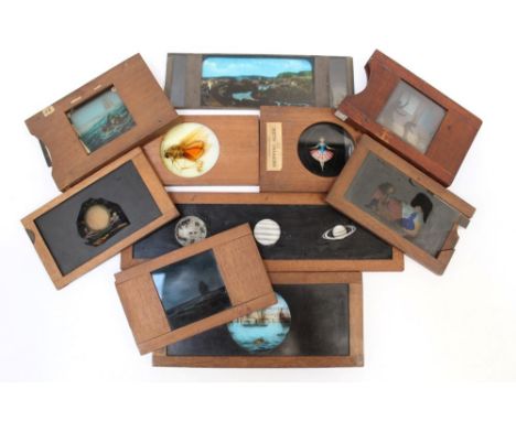 Collection of ten unusual magic lantern slides - including ships at sea, the beach photographer and the planets