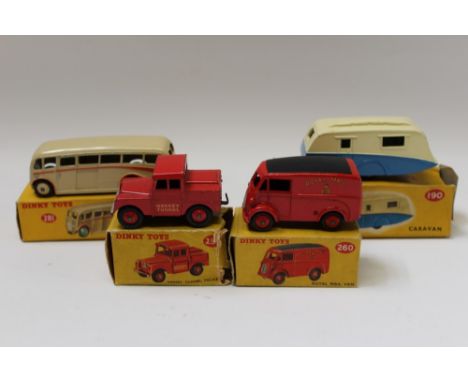 Dinky Luxury Coach no. 281, Royal Mail Van no. 260, Mersey Tunnel Police no. 255, Caravan no. 190 - all boxed (box condition 