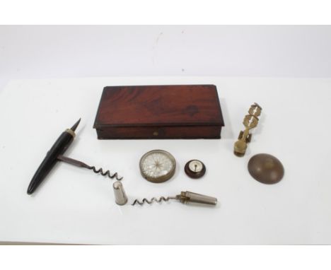 Miniature barometer, compass, two corkscrews and a Sovereign scale (qty)