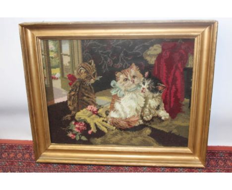 Vintage hand-stitched tapestry - three kittens by open door, glazed frame, 40cm x 50cm overall approximately