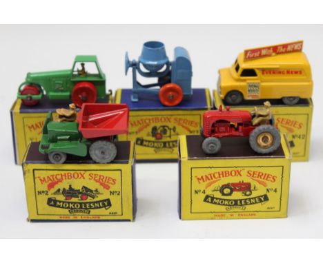 Matchbox Moko Lesney boxed selection - no. 4 Tractor, no. 42 Evening News Van, no. 2 Dumper Truck, no. 1 Road Roller, no. 3 C
